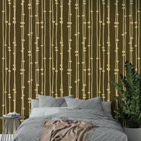 A contemporary living room with a boho striped wall mural.

