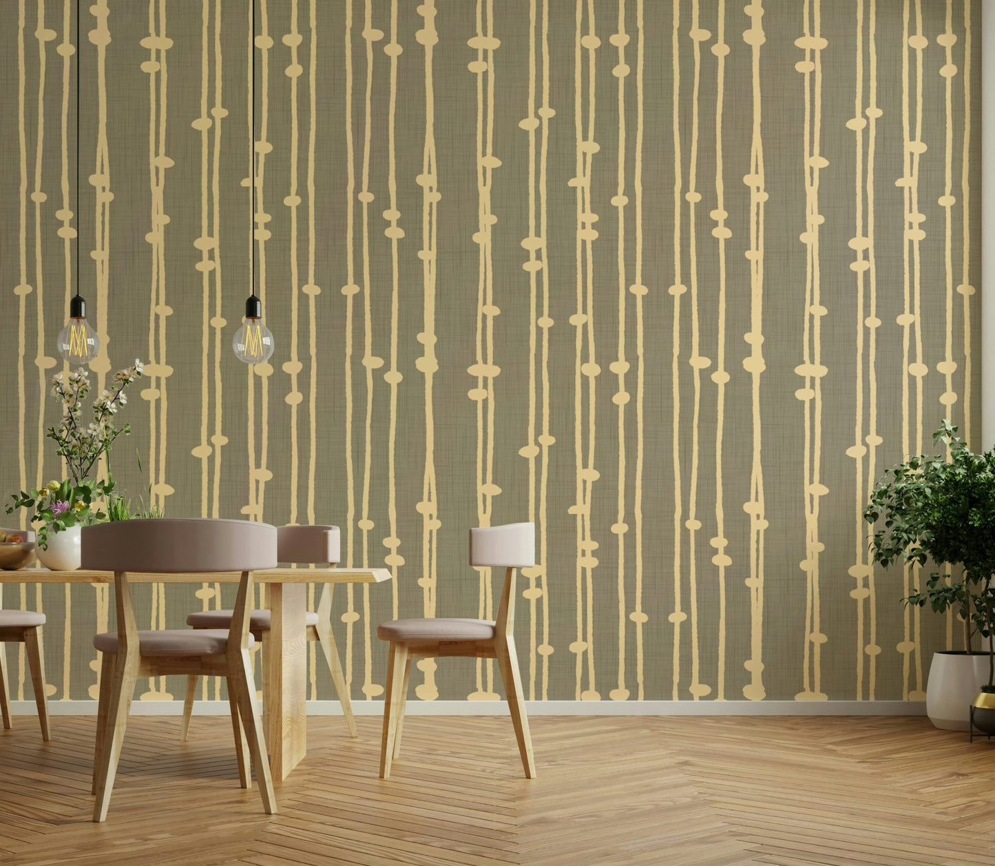 A contemporary living room with a boho striped wall mural.