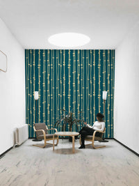 A contemporary living room with a boho striped wall mural.

