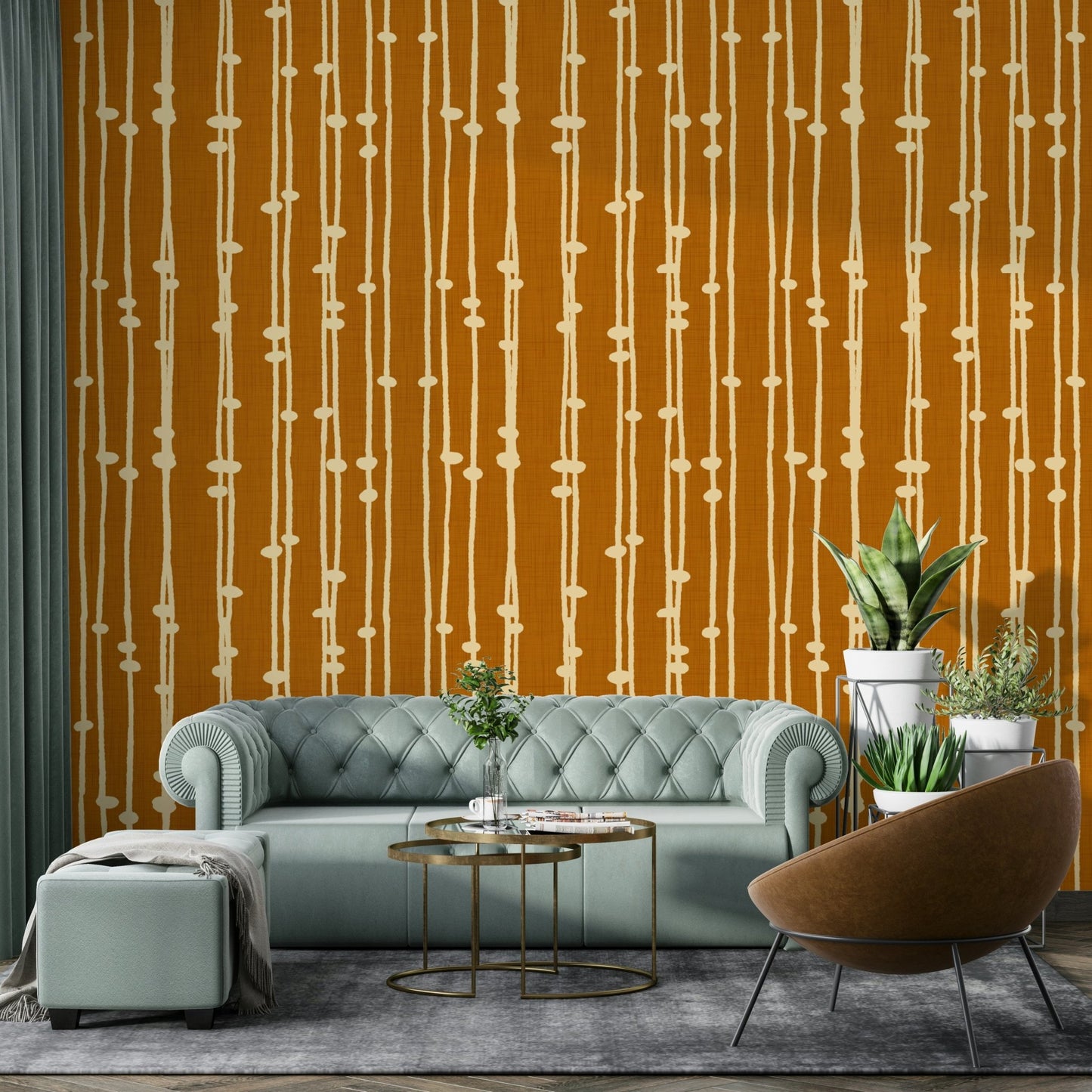 A close-up of the retro stripes in terracotta and other jewel tones.