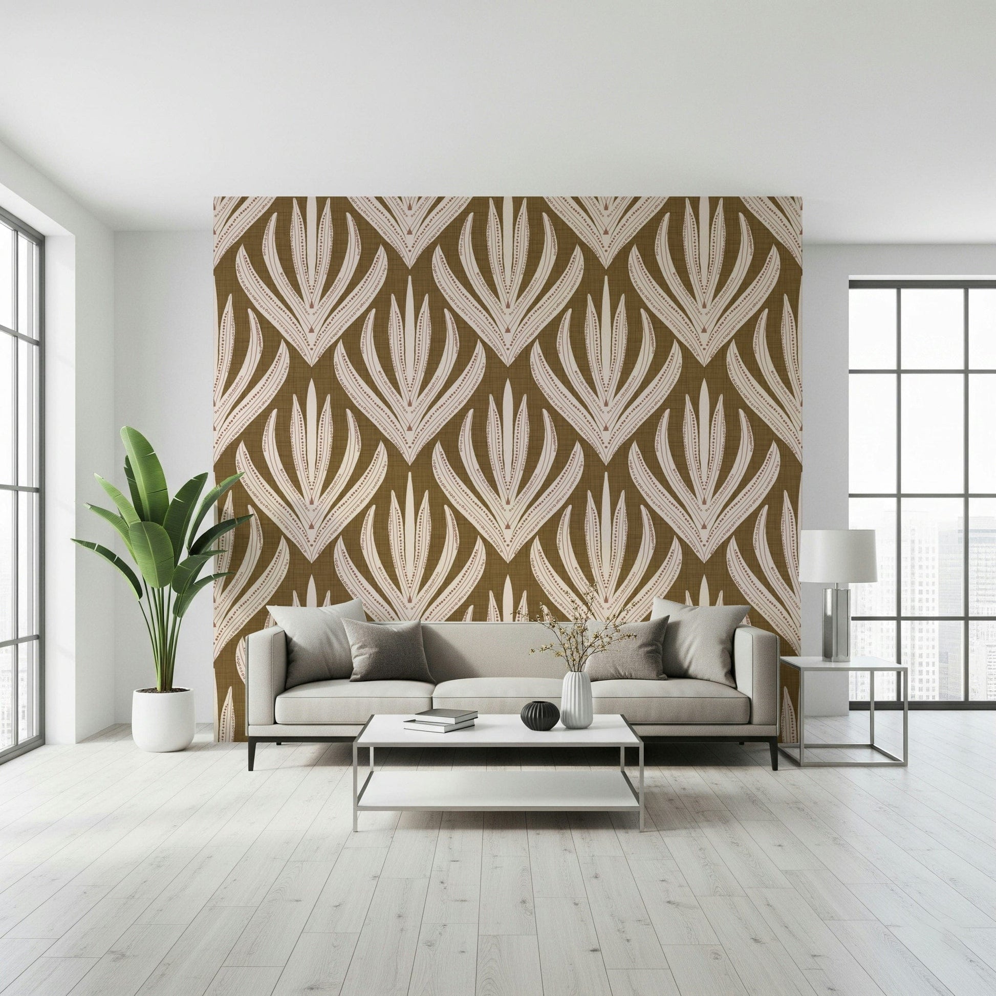 Earthy living room decor using the Boho Leaf Symmetry Wallpaper.