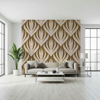 Earthy living room decor using the Boho Leaf Symmetry Wallpaper.