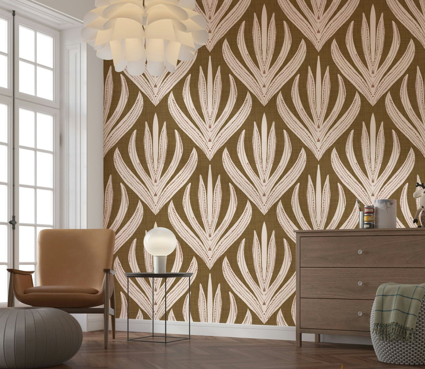 Canvas fabric texture on Boho Leaf Symmetry Wallpaper ground.