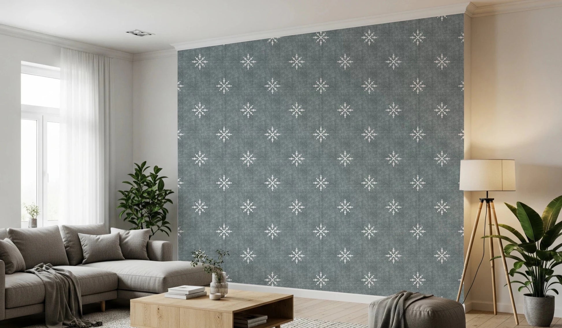 Blue grunge wall covering with symmetric motifs