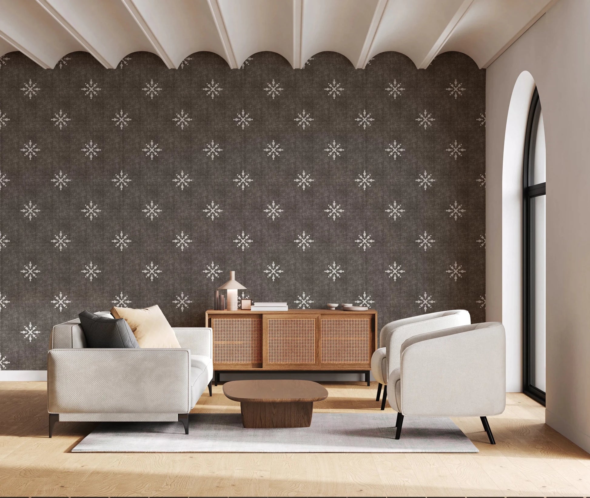 Dark bark textured wallpaper for city interiors.
