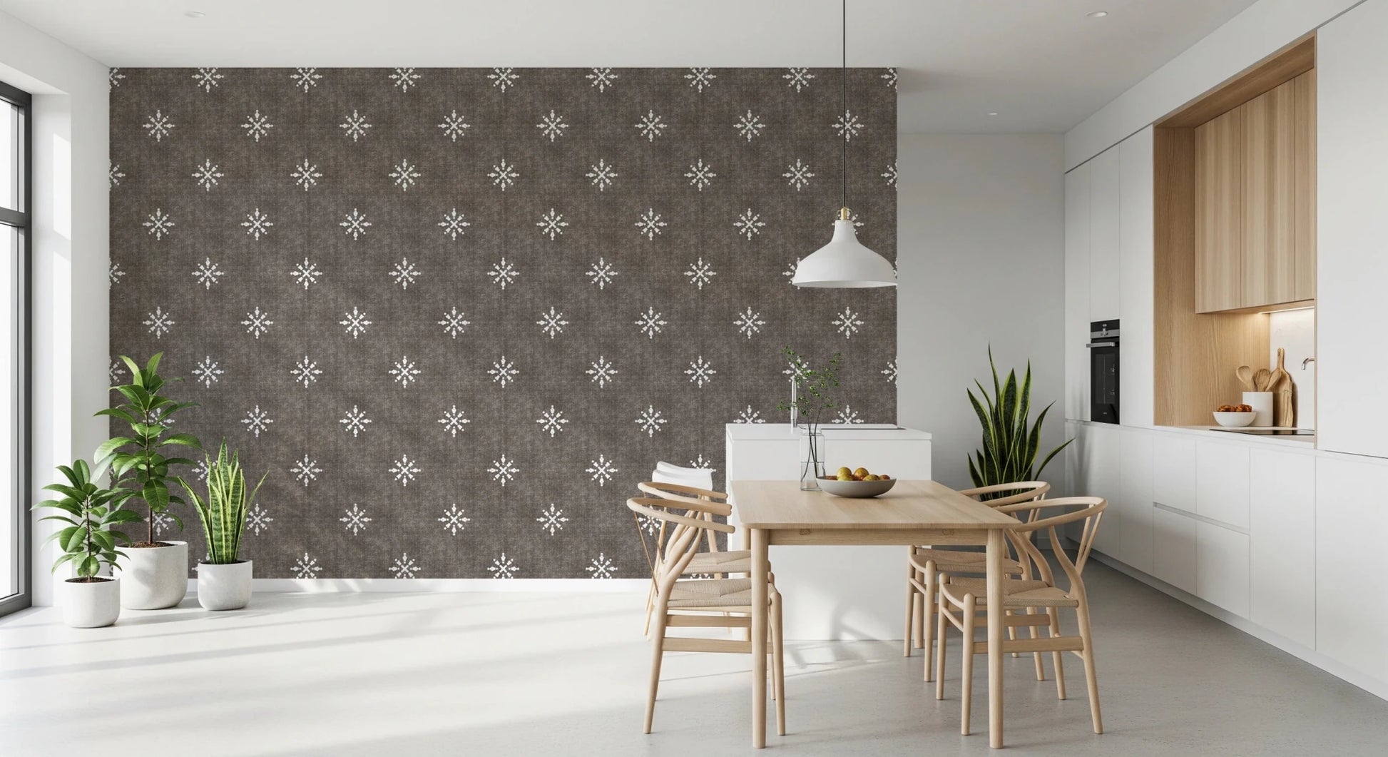 White boho ornament print on dark brown walls.