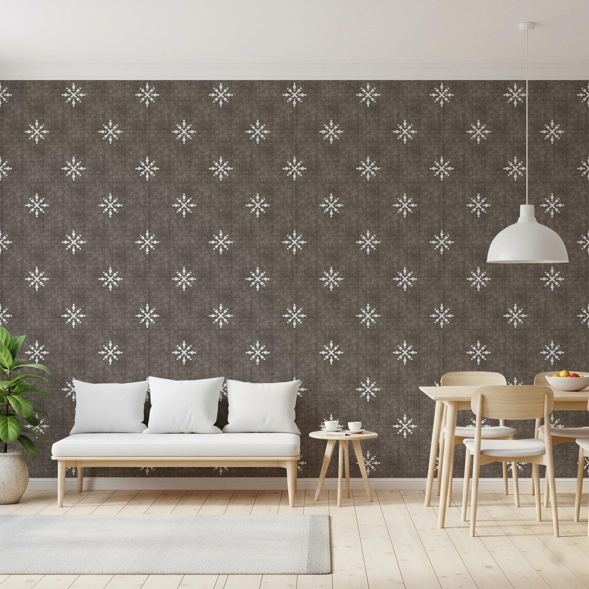 Dark bark brown wallpaper with white boho icons.