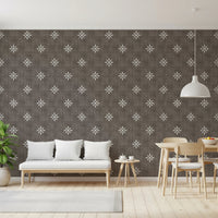 Dark bark brown wallpaper with white boho icons.
