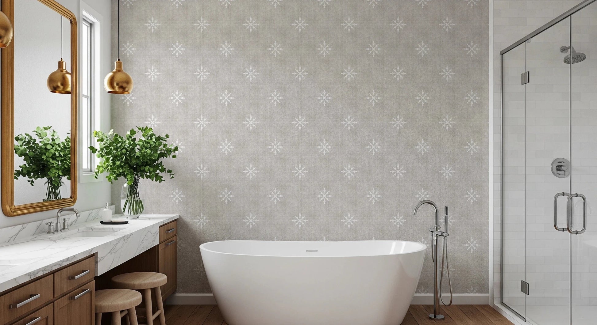 White boho icons on neutral grey textured wall.