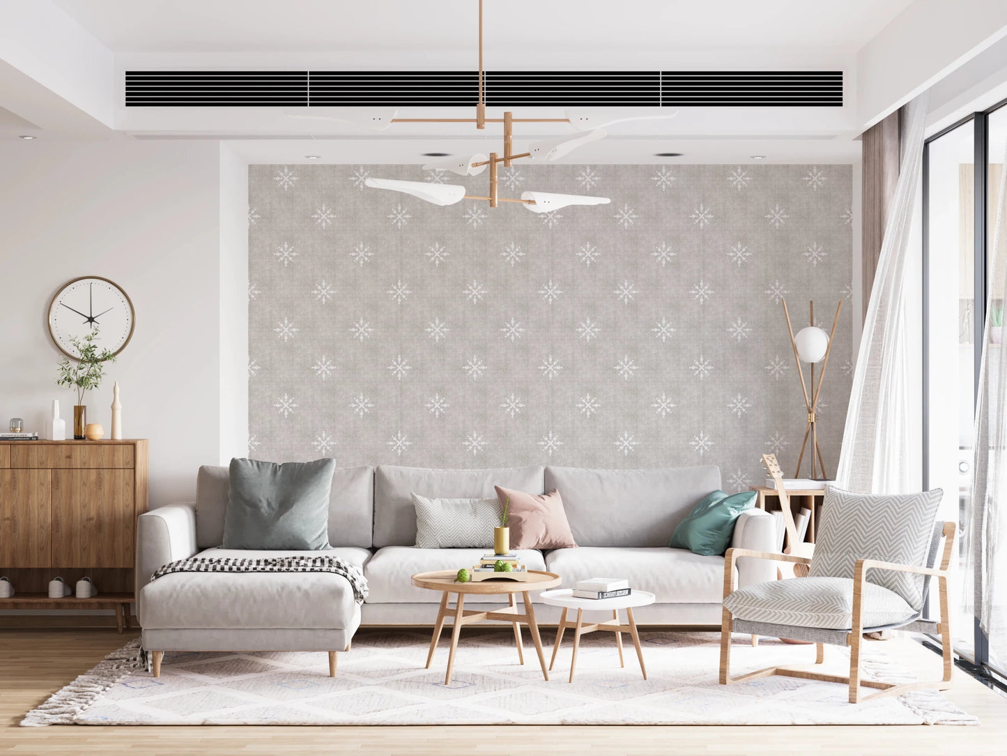 Pale grey textured wallpaper with white symbols.