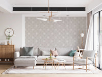 Pale grey textured wallpaper with white symbols.
