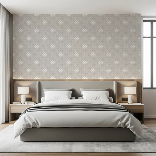 Neutral grey wallpaper with white boho ornament.