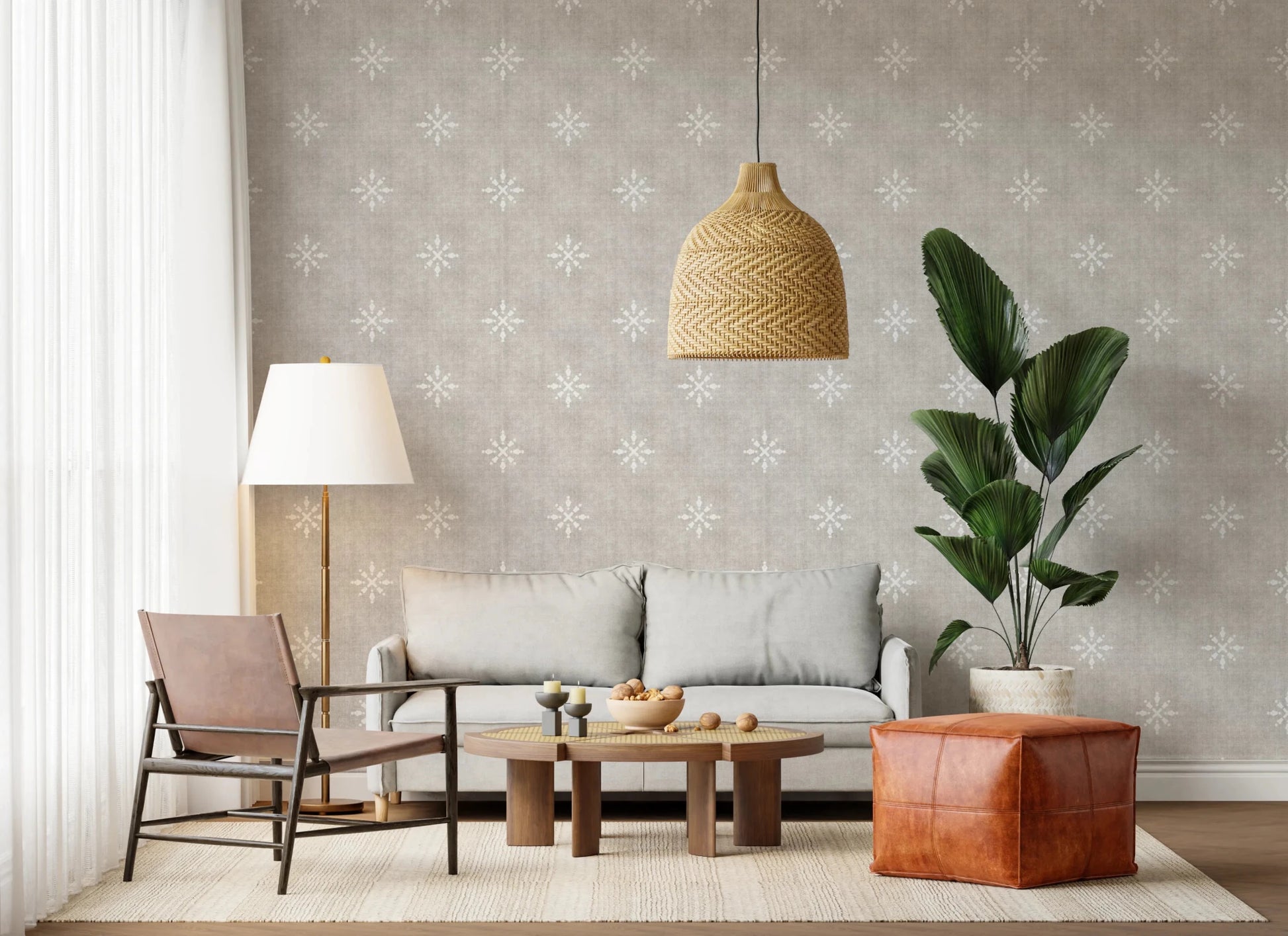 Grey grunge wallpaper with minimal ornament print.