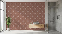 Red textured wall covering with small white icons.