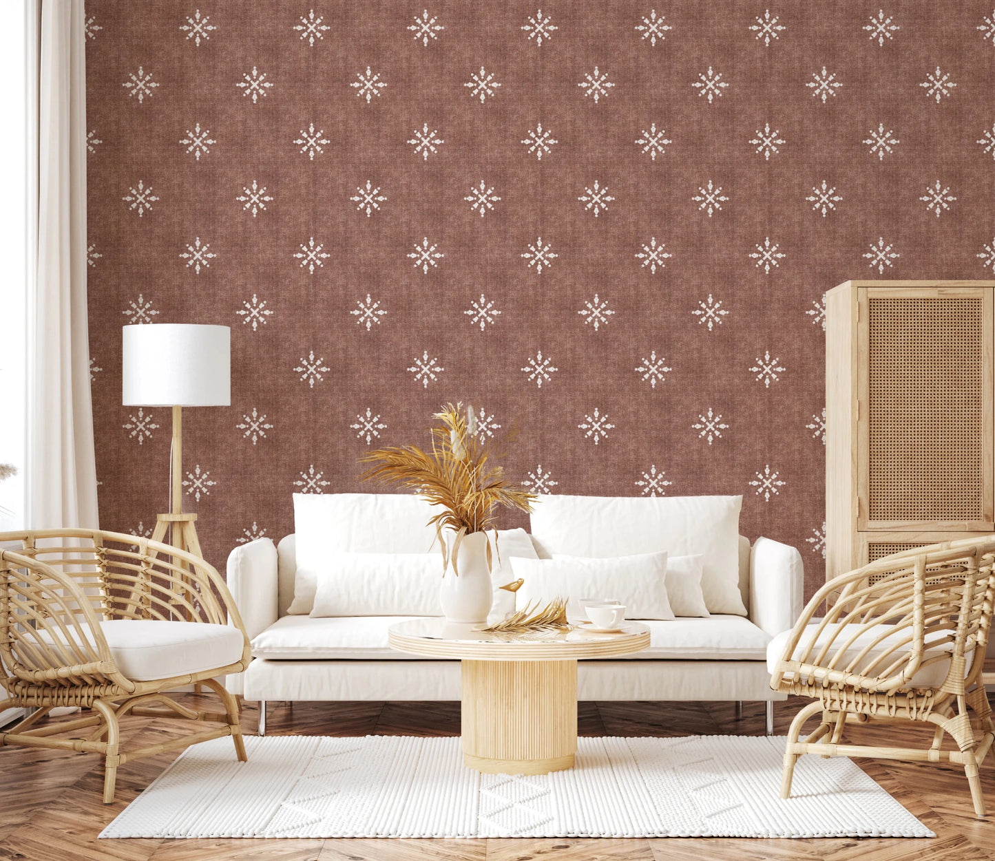 Boho chic red wallpaper for modern home interiors.