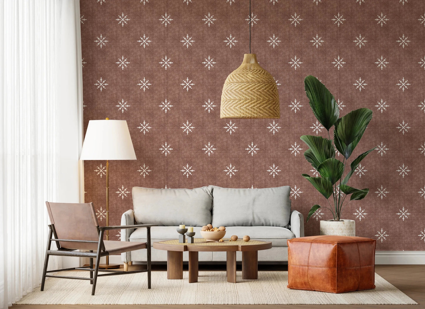 Terracotta red boho pattern for living room walls.