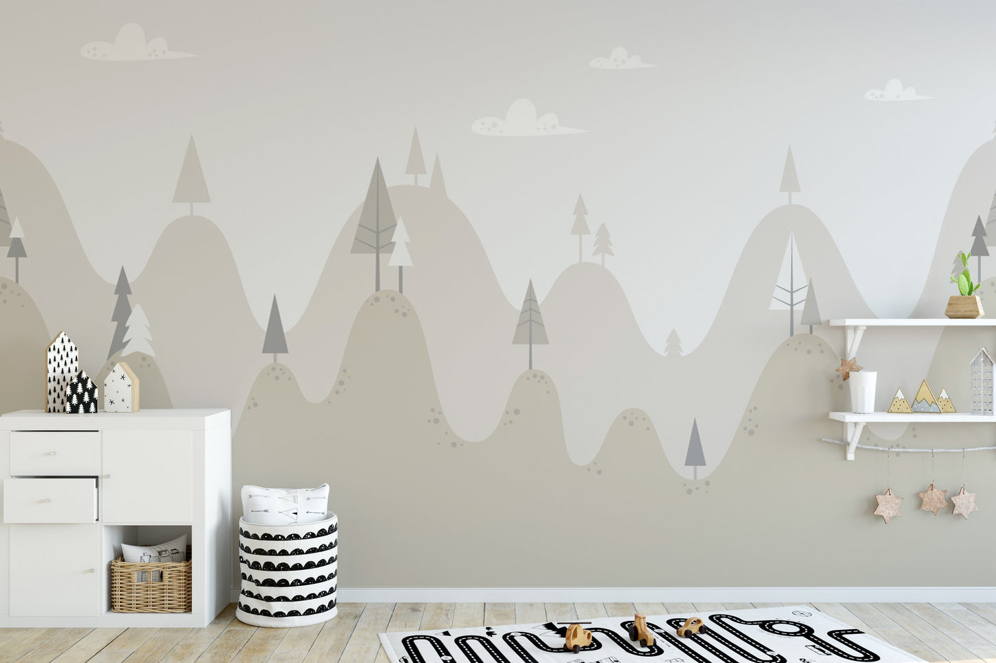 Dreamy mountain mural for children
