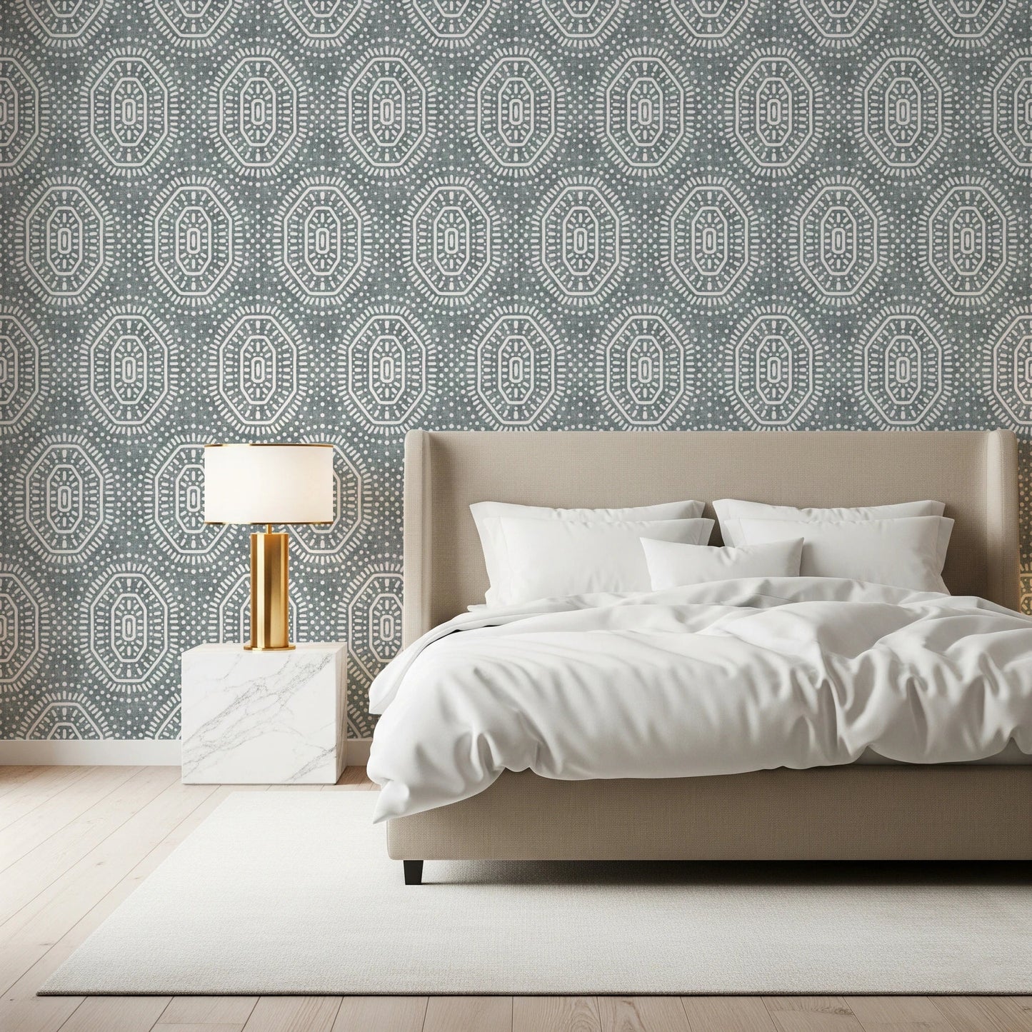 Boho Octagons Crochet Grunge Calming Blue Wallpaper⁠