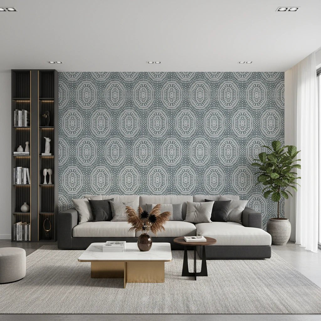 Living room with blue boho wallpaper and octagon motif detail