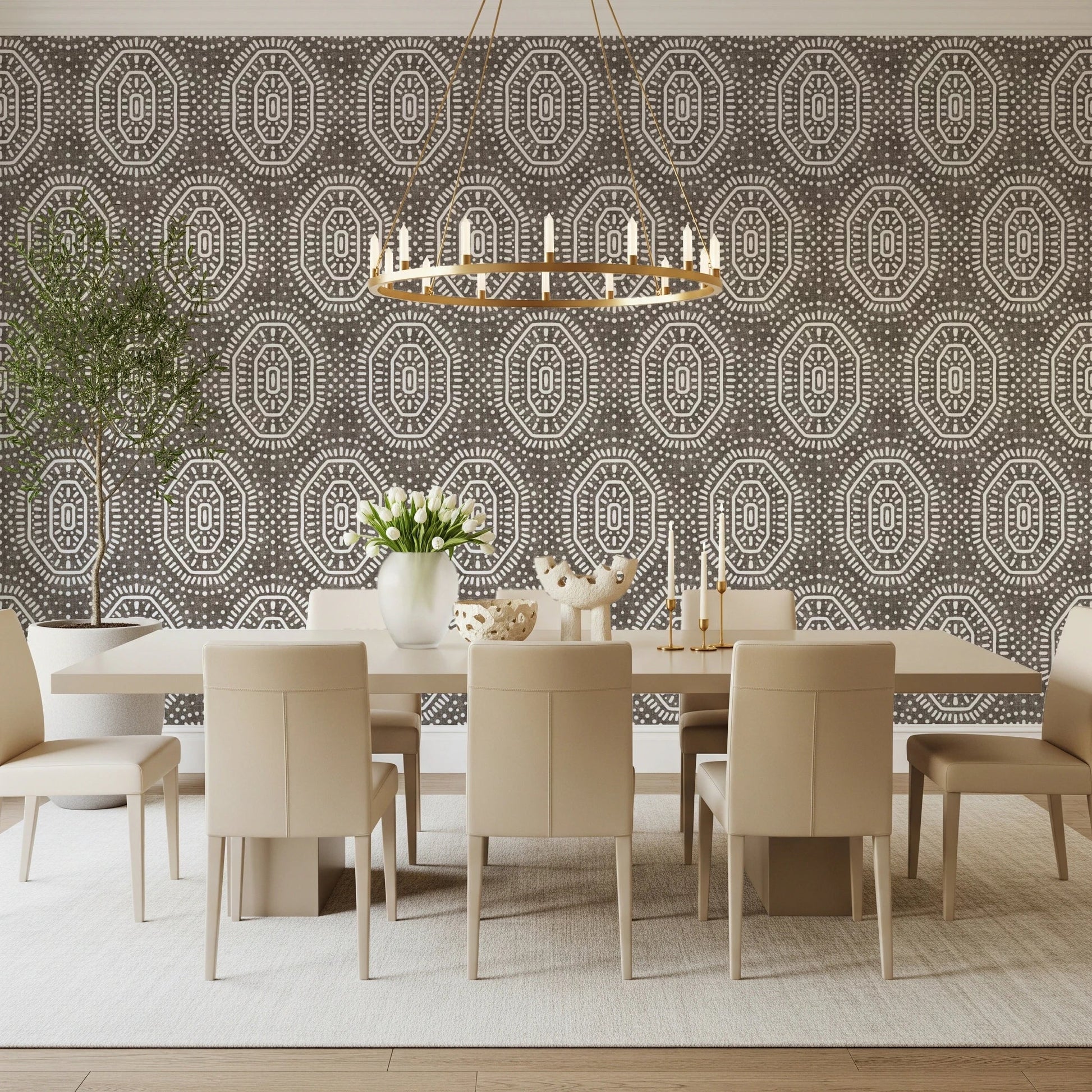 Boho Octagons Crochet Grunge Dark Bark Wallpaper⁠