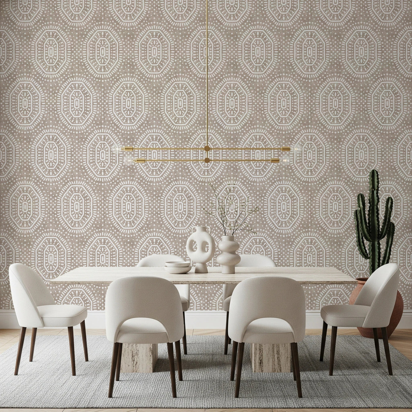 Dining room with Boho Earthy Beige Wallpaper and octagon print