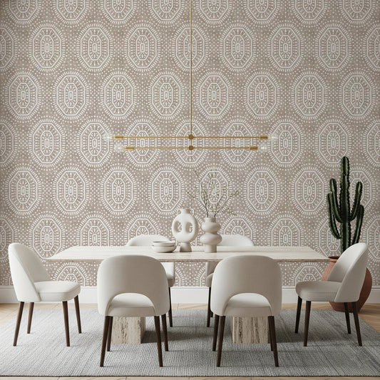 Dining room with Boho Earthy Beige Wallpaper and octagon print