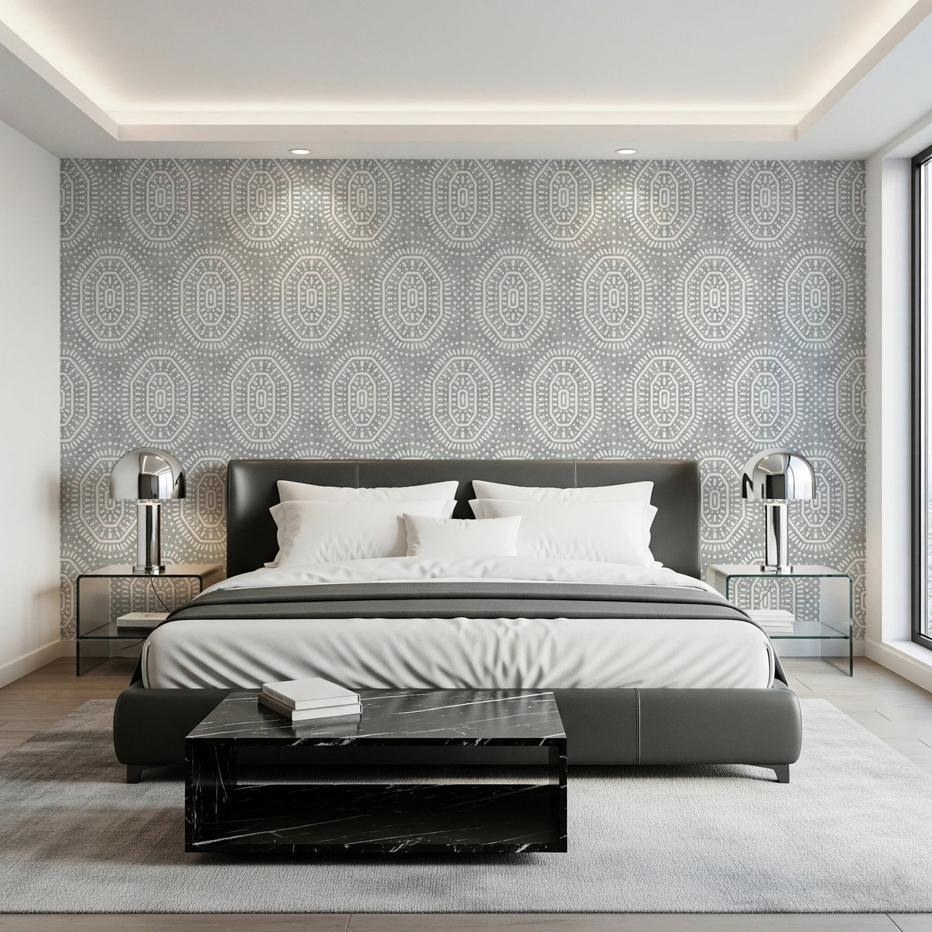 Textured Crochet Grunge Wallpaper with layered grey octagons