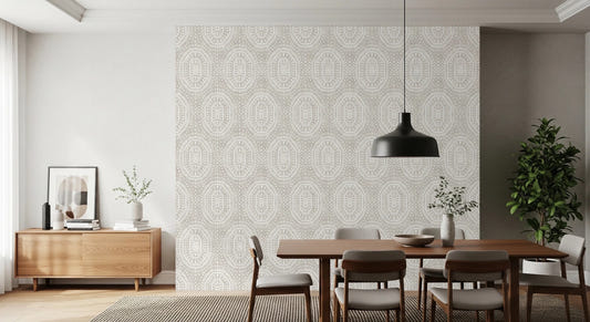 Dining room room with Boho Octagons Wallpaper in soft neutral tone