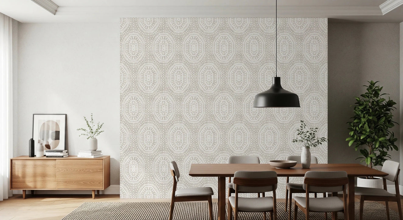Dining room room with Boho Octagons Wallpaper in soft neutral tone