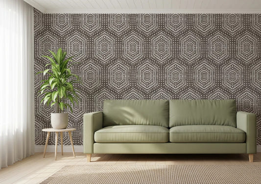 Hallway featuring Boho Dark Bark wallpaper with dotted pattern detail