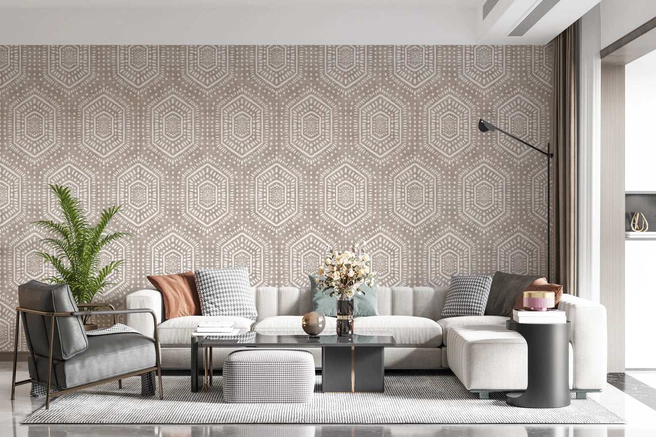 Living room styled with Boho Painted Beige Wallpaper geometric texture