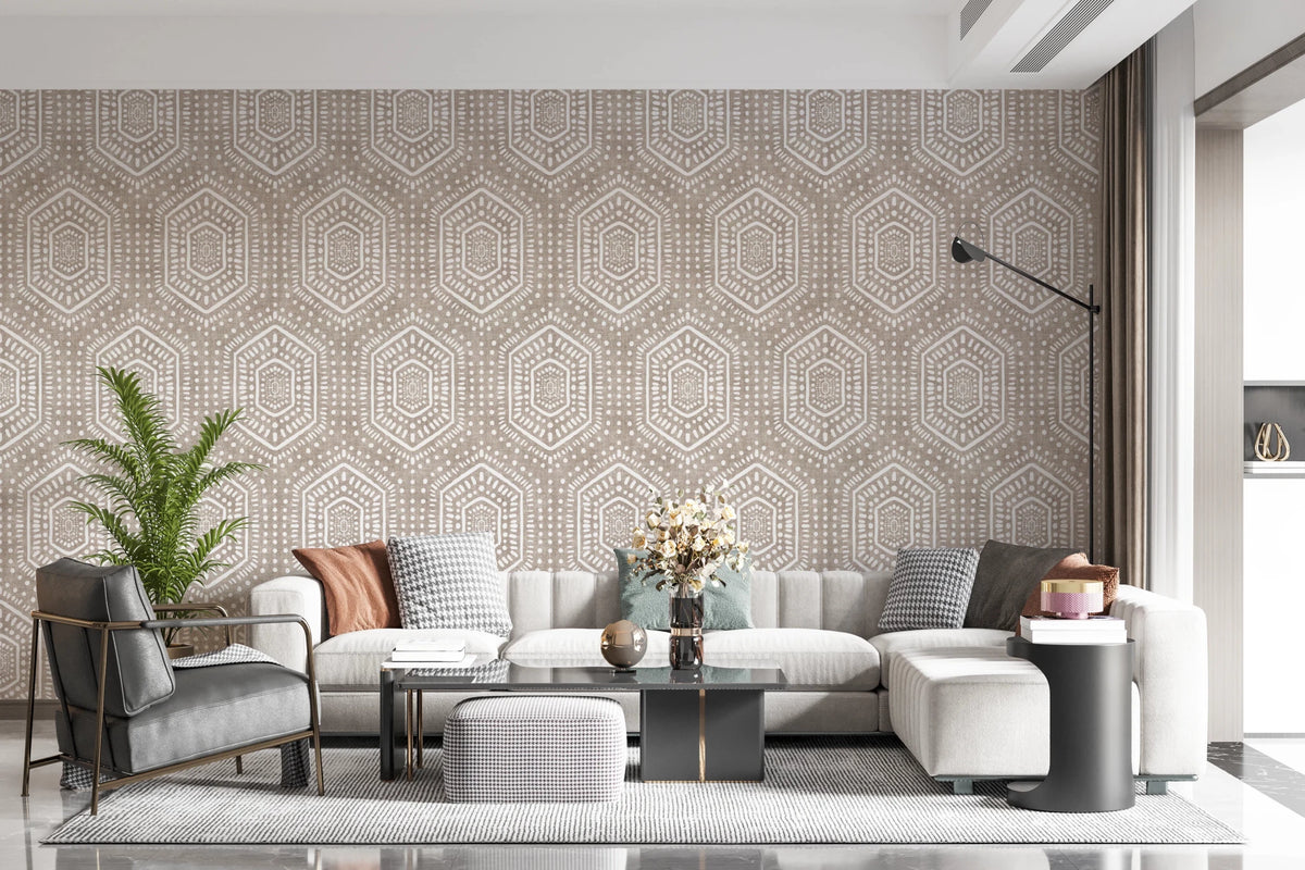 Living room styled with Boho Painted Beige Wallpaper geometric texture, GD8508