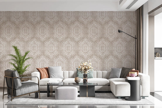Living room styled with Boho Painted Beige Wallpaper geometric texture, GD8508