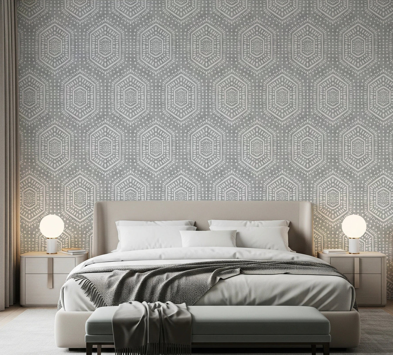 Bedroom wall featuring Grunge Grey Clouds Wallpaper with dotted pattern