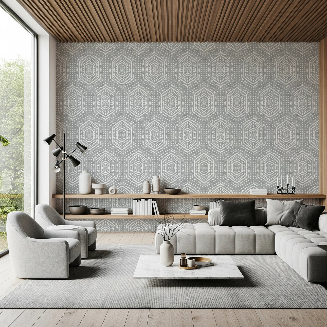 Repeating hexagon pattern on Boho Grey Clouds Wallpaper with texture