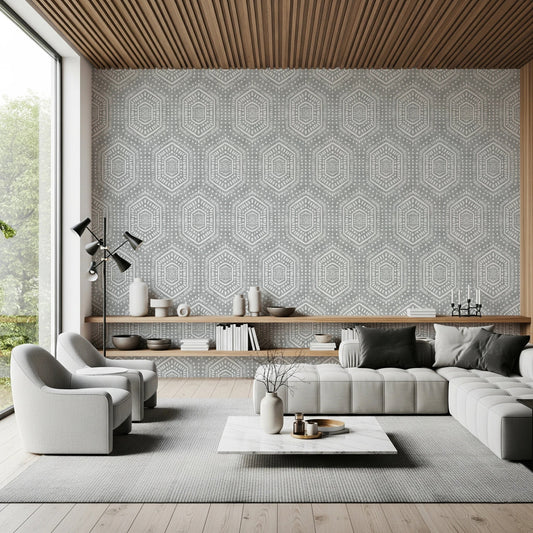 Repeating hexagon pattern on Boho Grey Clouds Wallpaper with texture
