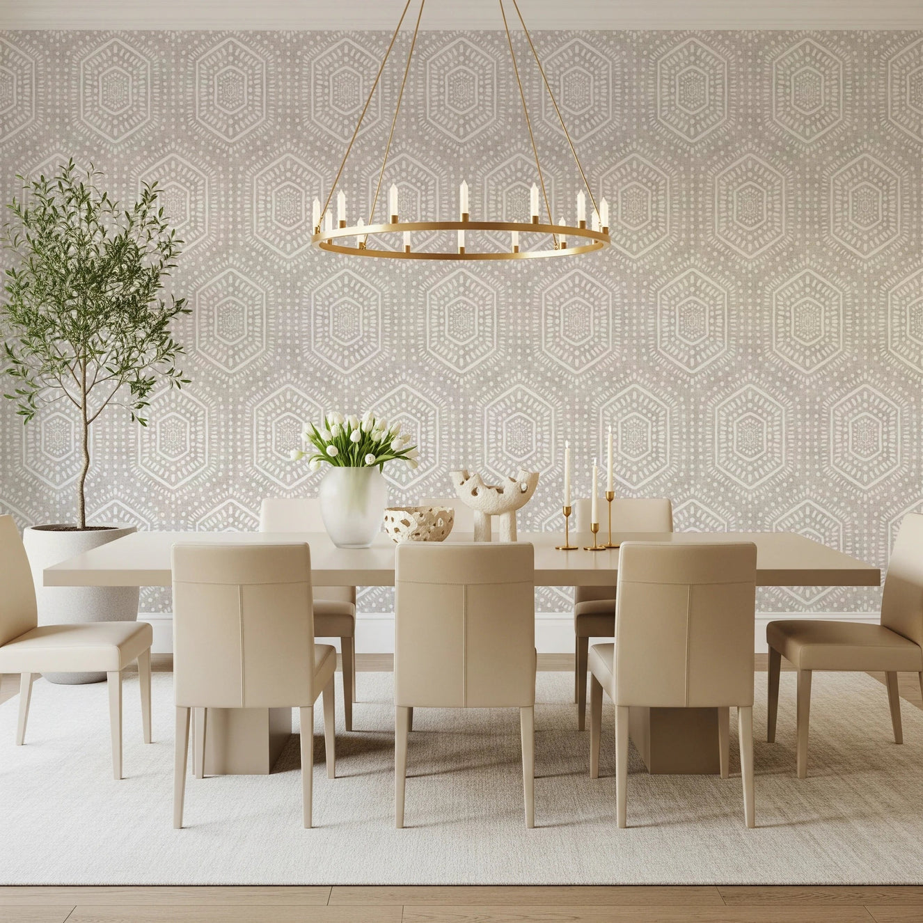 Dining room with Boho Painted Neutral Wallpaper in soft geometric style