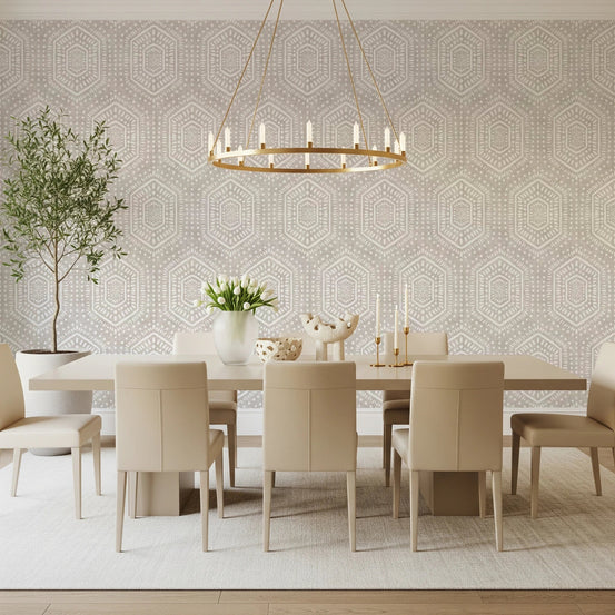 Dining room with Boho Painted Neutral Wallpaper in soft geometric style, GD8509
