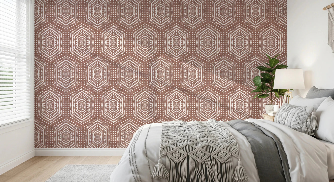 Bedroom styled with Grunge Terracotta Red wallpaper and hexagon design