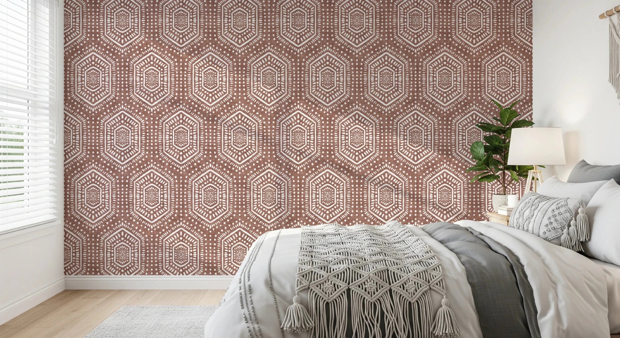 Bedroom styled with Grunge Terracotta Red wallpaper and hexagon design, GD8510