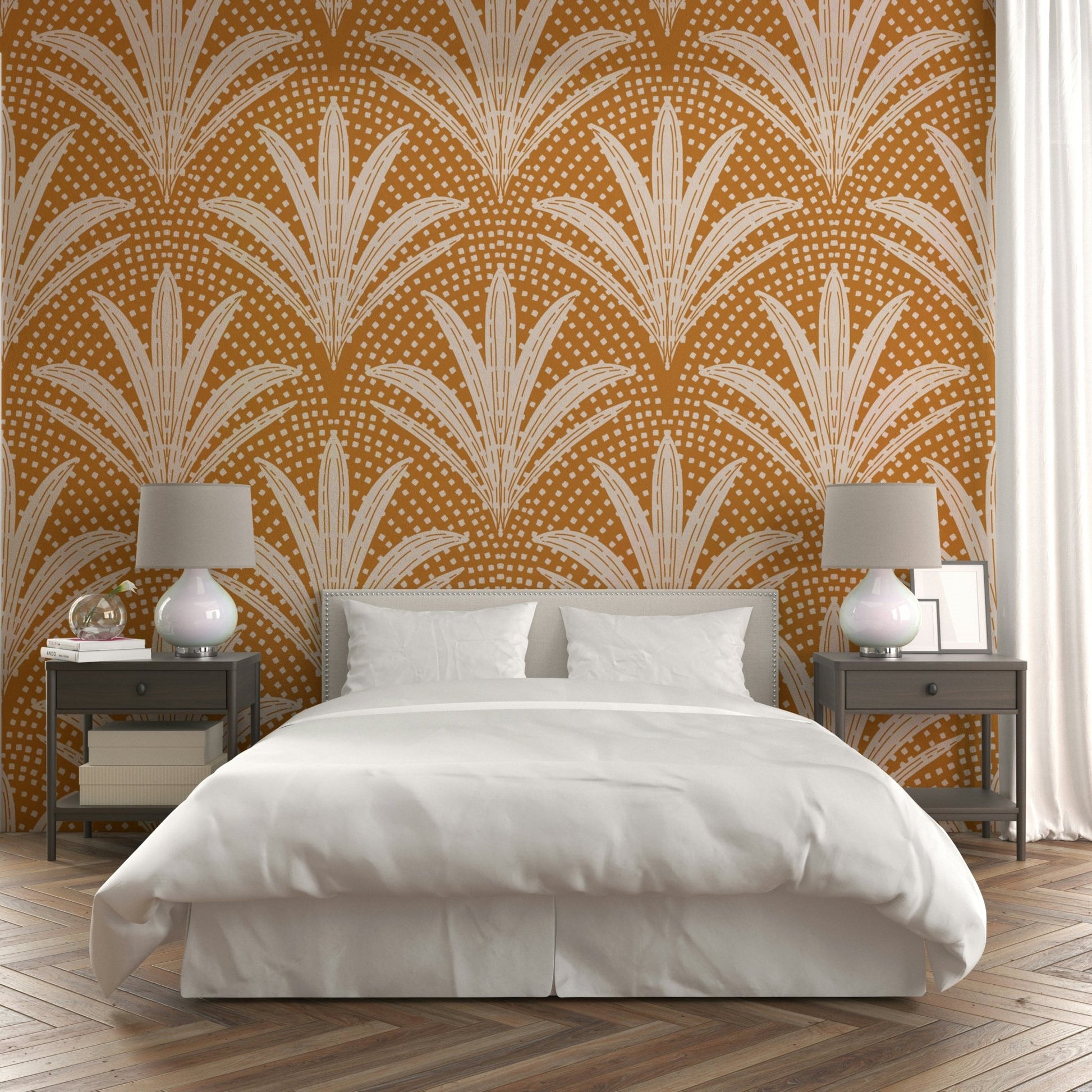 Rustic boho palm leaf wallpaper caramel brown, GD1045
