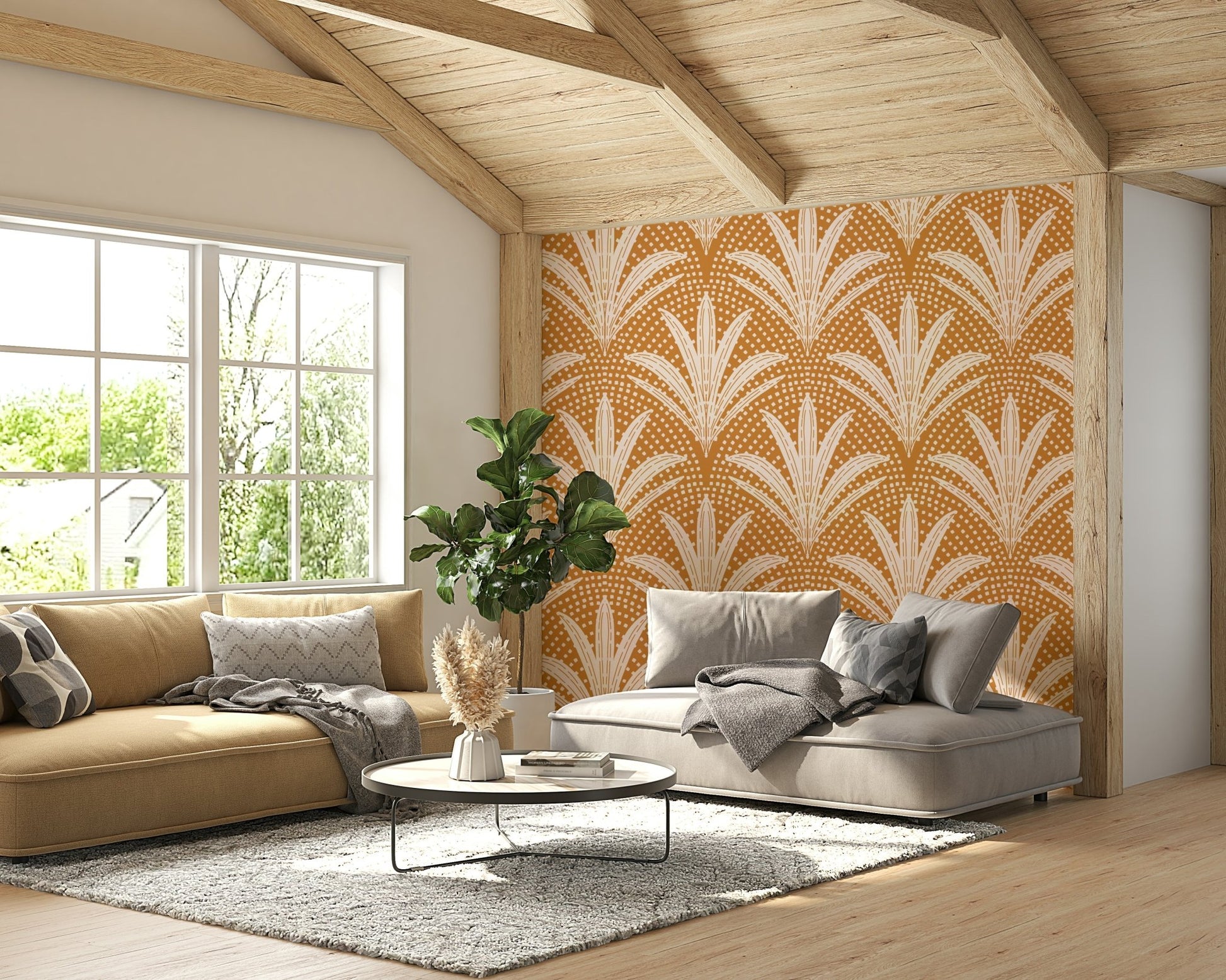 Caramel brown palm leaf wallpaper boho rustic, GD1045