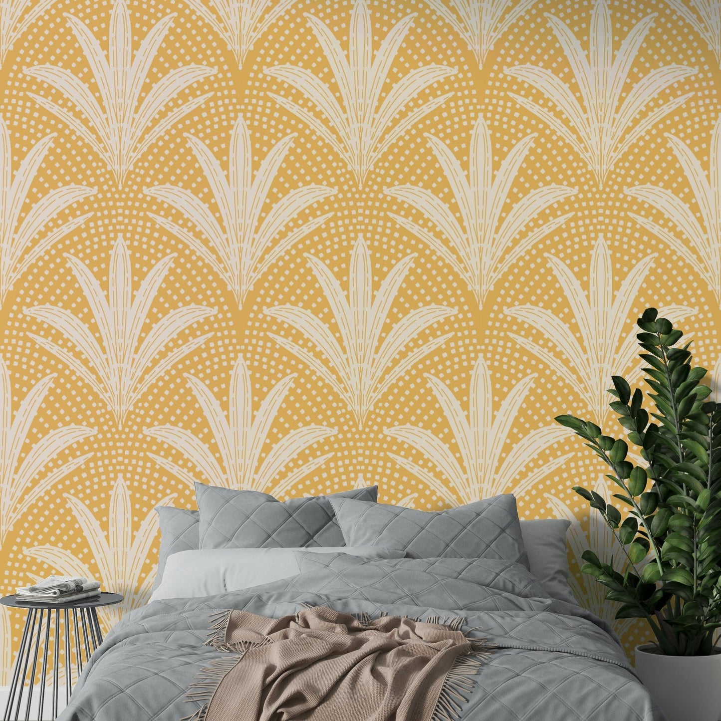 Rustic golden ochre wallpaper with palm art

