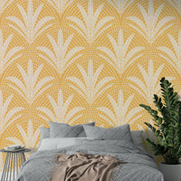 Rustic golden ochre wallpaper with palm art

