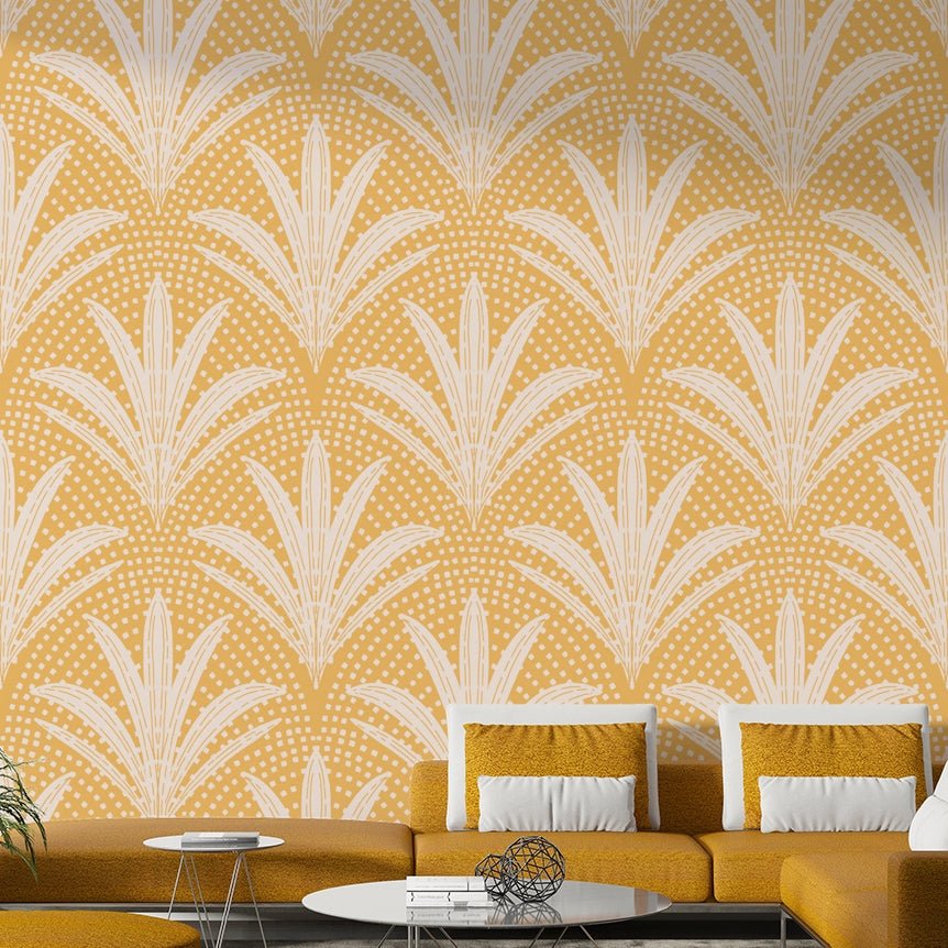 Boho style golden ochre palm leaf wallpaper

