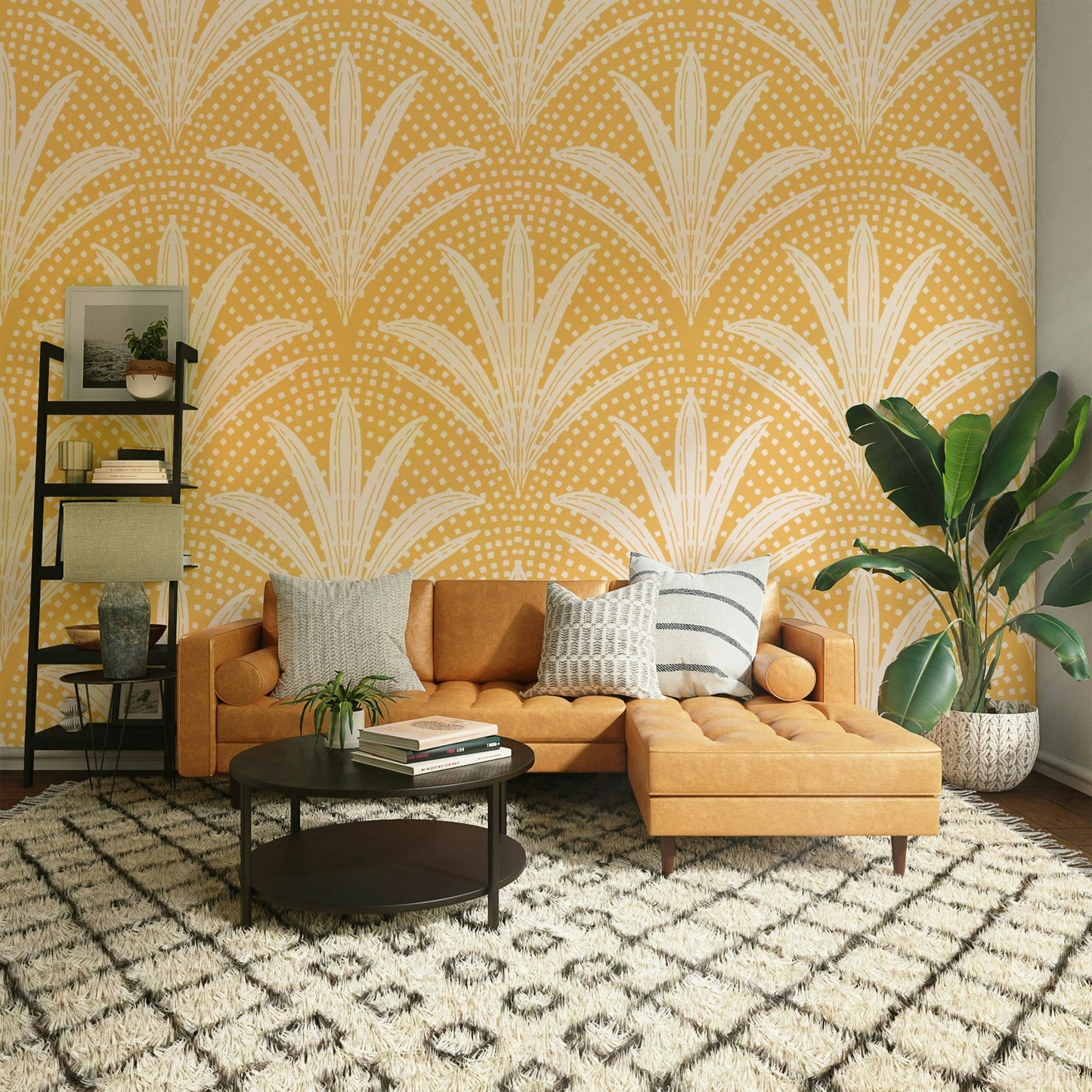 Golden ochre wallpaper with rustic palm motif

