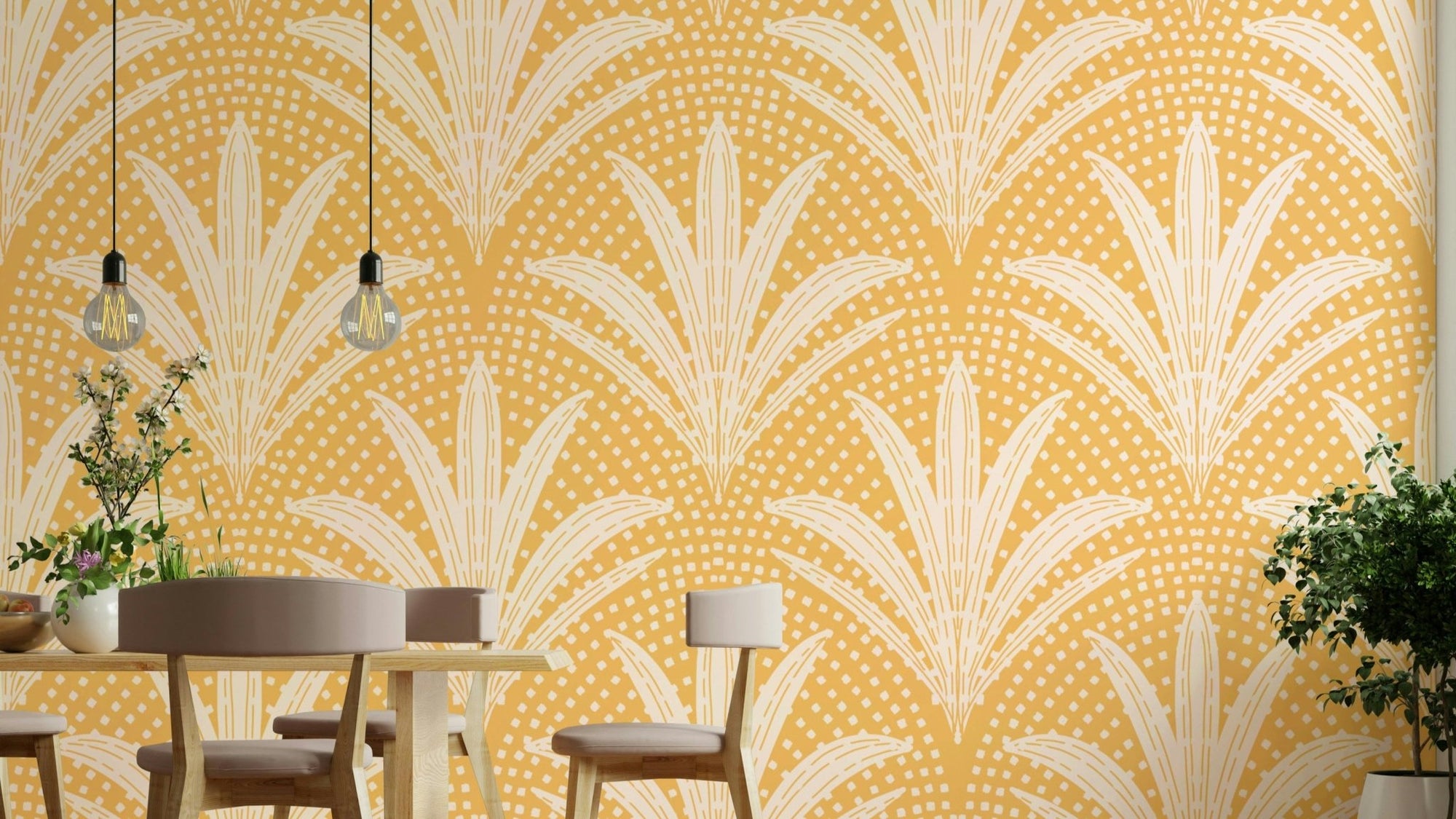 Rustic boho palm leaf wallpaper golden ochre, GD1046