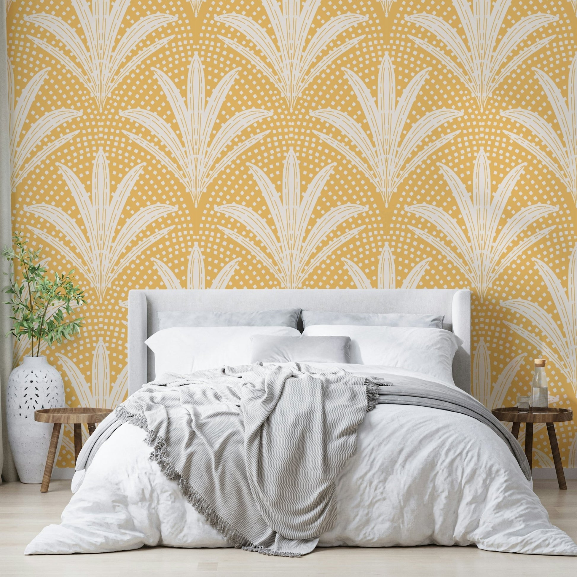 Boho palm radiance wallpaper golden ochre hues

