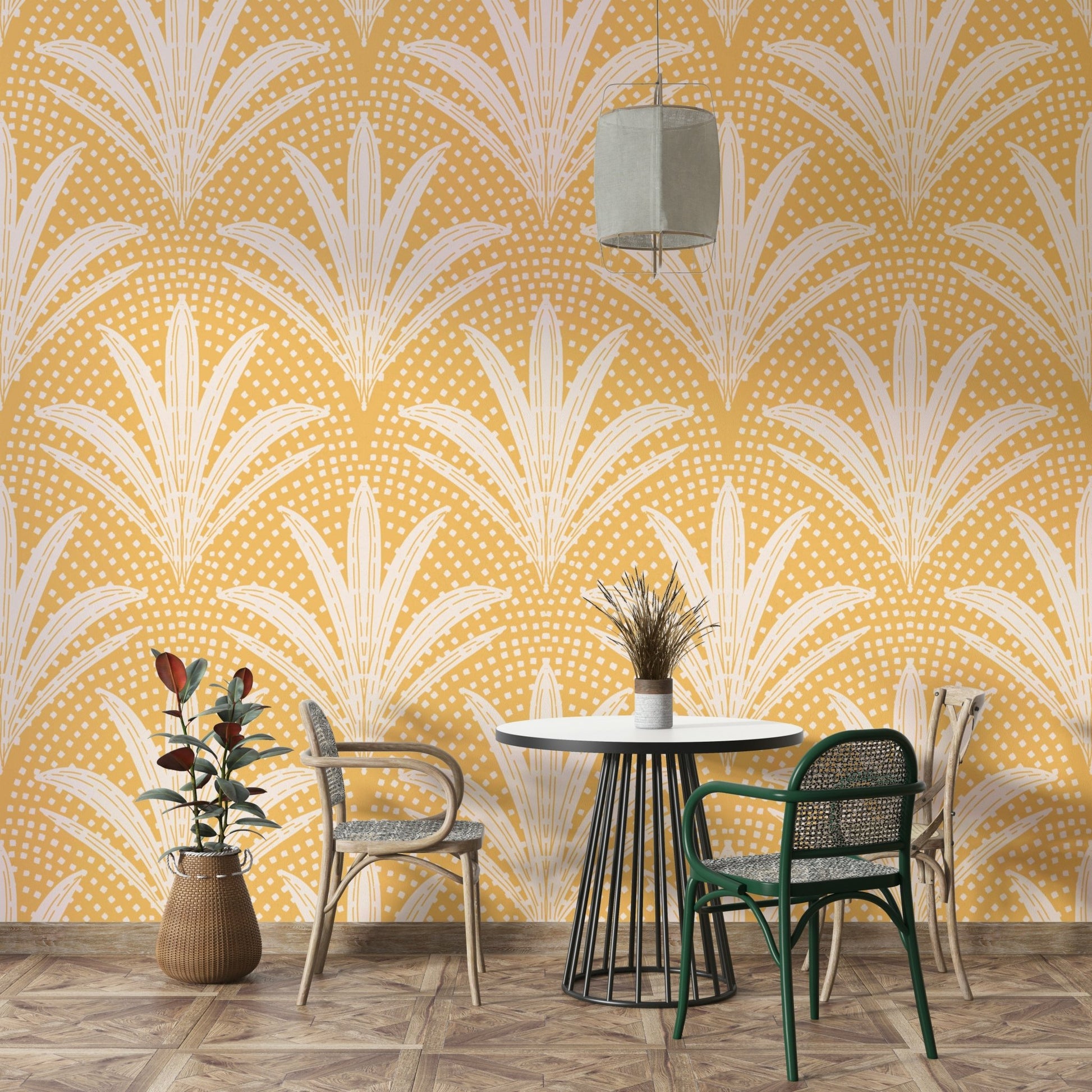 Golden ochre palm leaf wallpaper boho rustic

