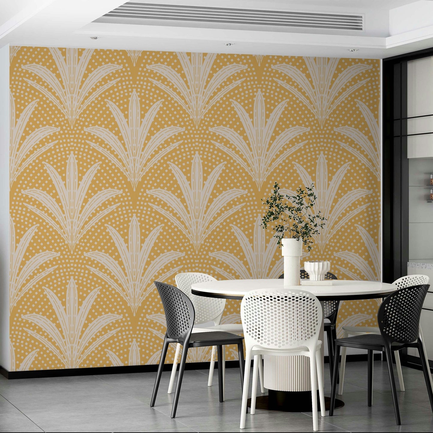 Golden ochre wallpaper with boho palm design

